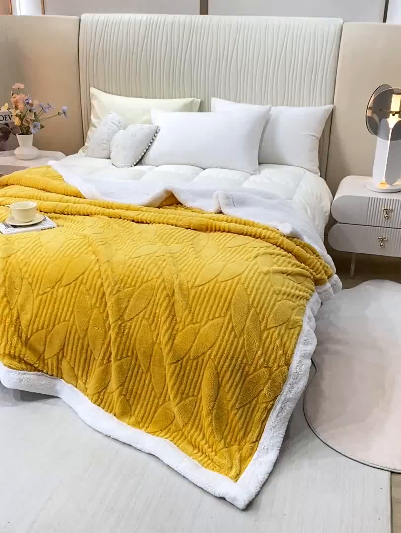 91家纺网 家纺一手货源 找家纺 佳居缘 【双面绒-叶子】 2025加厚保暖羊羔绒毛毯双层塔芙绒毯子跨境专供外贸出口定制 叶子-黄