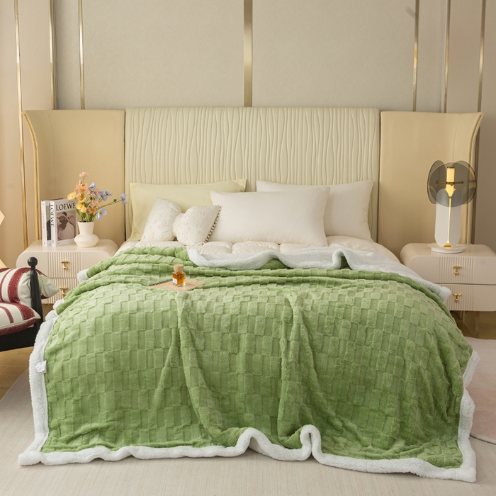 91家纺网 家纺一手货源 找家纺 佳居缘 【双面绒-方格】 2025加厚保暖羊羔绒毛毯双层塔芙绒毯子跨境专供外贸出口定制 方格-绿