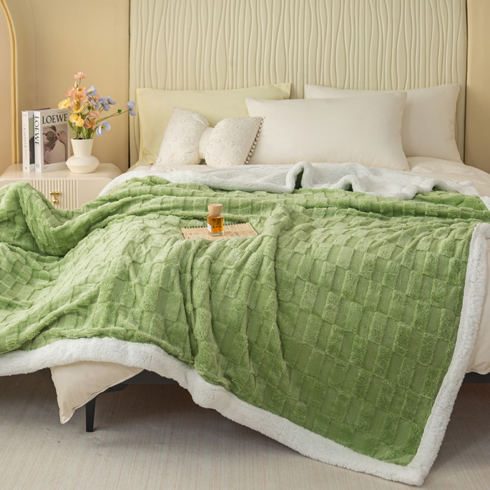 91家纺网 家纺一手货源 找家纺 佳居缘 【双面绒-方格】 2025加厚保暖羊羔绒毛毯双层塔芙绒毯子跨境专供外贸出口定制 方格-绿