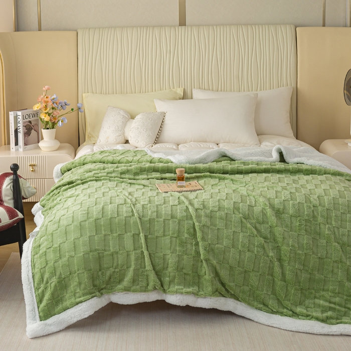 91家纺网 家纺一手货源 找家纺 佳居缘 【双面绒-方格】 2025加厚保暖羊羔绒毛毯双层塔芙绒毯子跨境专供外贸出口定制 方格-绿