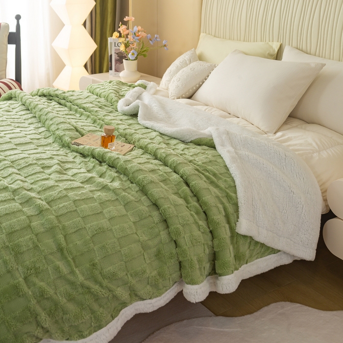 91家纺网 家纺一手货源 找家纺 佳居缘 【双面绒-方格】 2025加厚保暖羊羔绒毛毯双层塔芙绒毯子跨境专供外贸出口定制 方格-绿