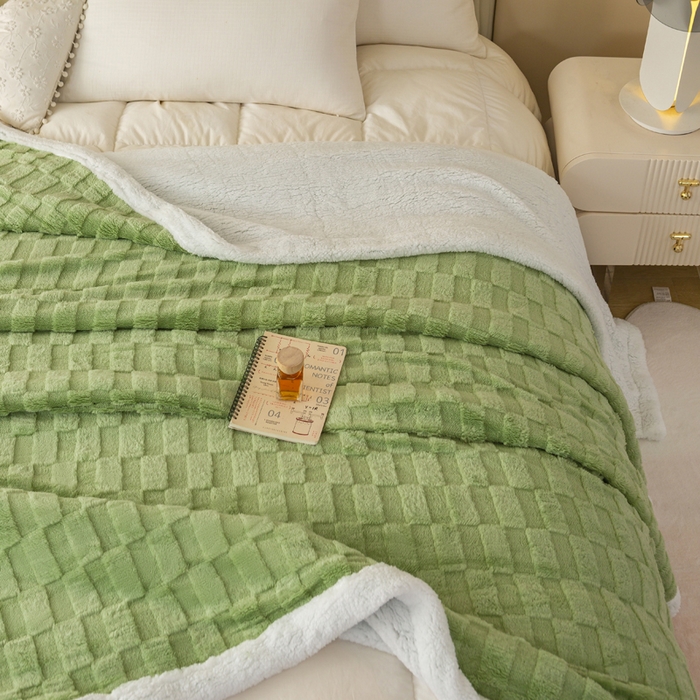 91家纺网 家纺一手货源 找家纺 佳居缘 【双面绒-方格】 2025加厚保暖羊羔绒毛毯双层塔芙绒毯子跨境专供外贸出口定制 方格-绿