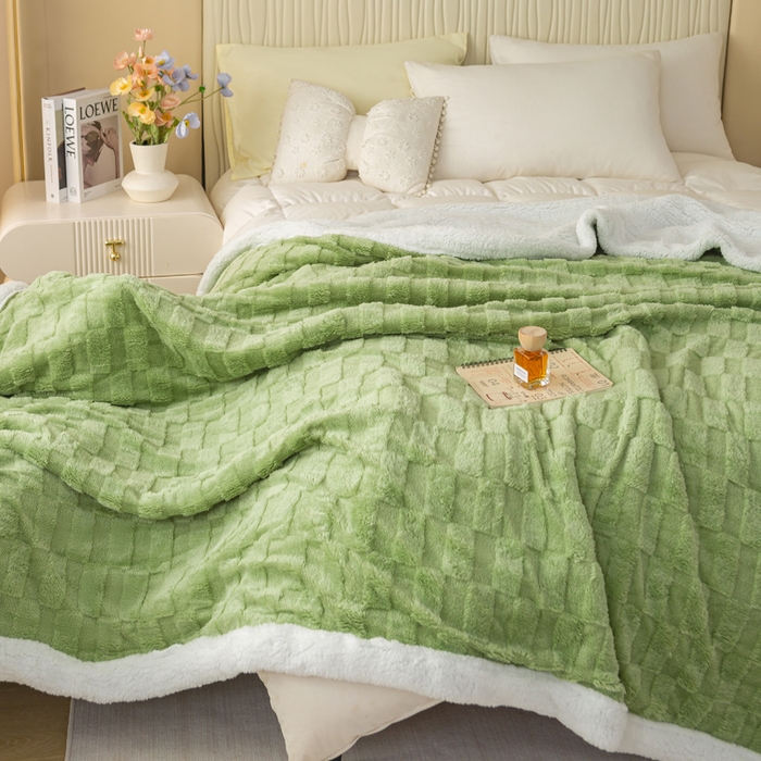 91家纺网 家纺一手货源 找家纺 佳居缘 【双面绒-方格】 2025加厚保暖羊羔绒毛毯双层塔芙绒毯子跨境专供外贸出口定制 方格-绿
