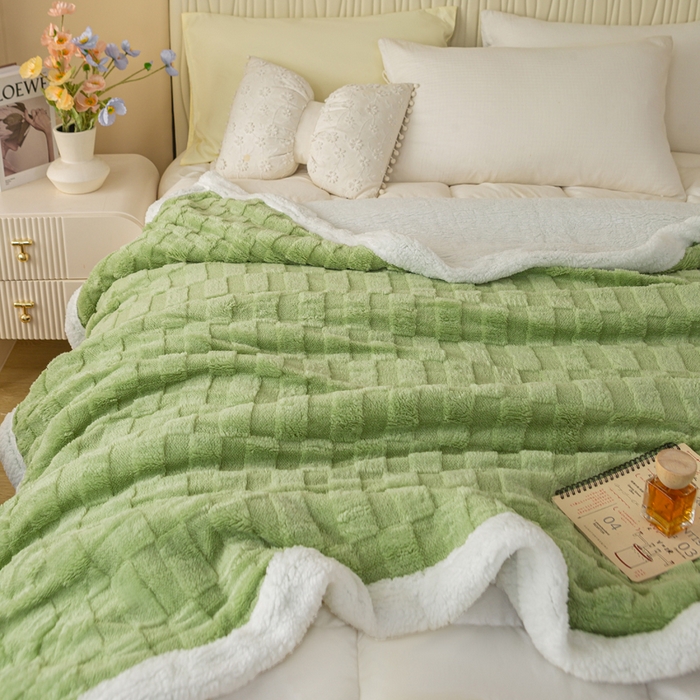 91家纺网 家纺一手货源 找家纺 佳居缘 【双面绒-方格】 2025加厚保暖羊羔绒毛毯双层塔芙绒毯子跨境专供外贸出口定制 方格-绿