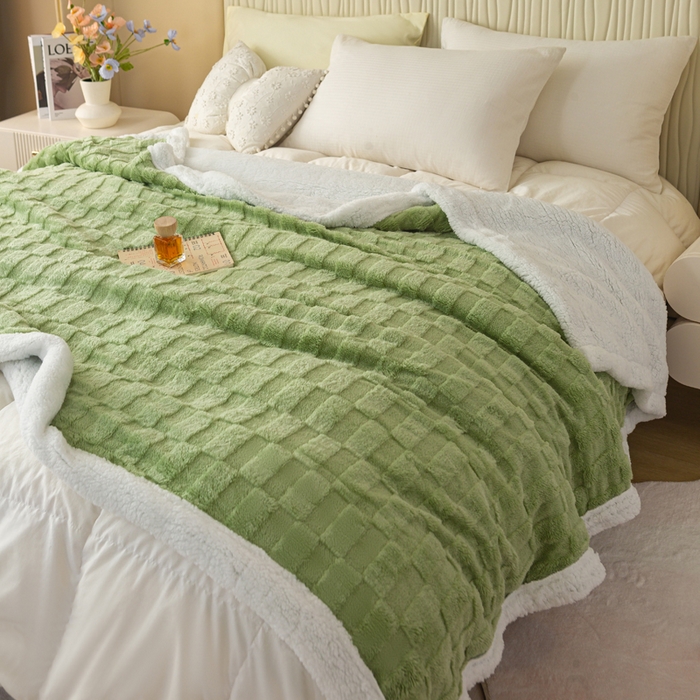 91家纺网 家纺一手货源 找家纺 佳居缘 【双面绒-方格】 2025加厚保暖羊羔绒毛毯双层塔芙绒毯子跨境专供外贸出口定制 方格-绿