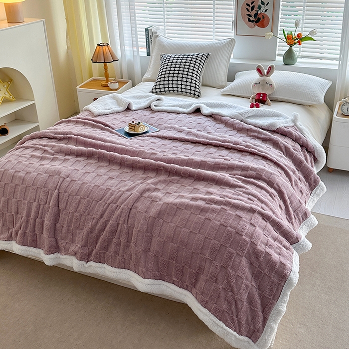 佳居缘 【双面绒-方格】 2025加厚保暖羊羔绒毛毯双层塔芙绒毯子跨境专供外贸出口定制 方格-紫色