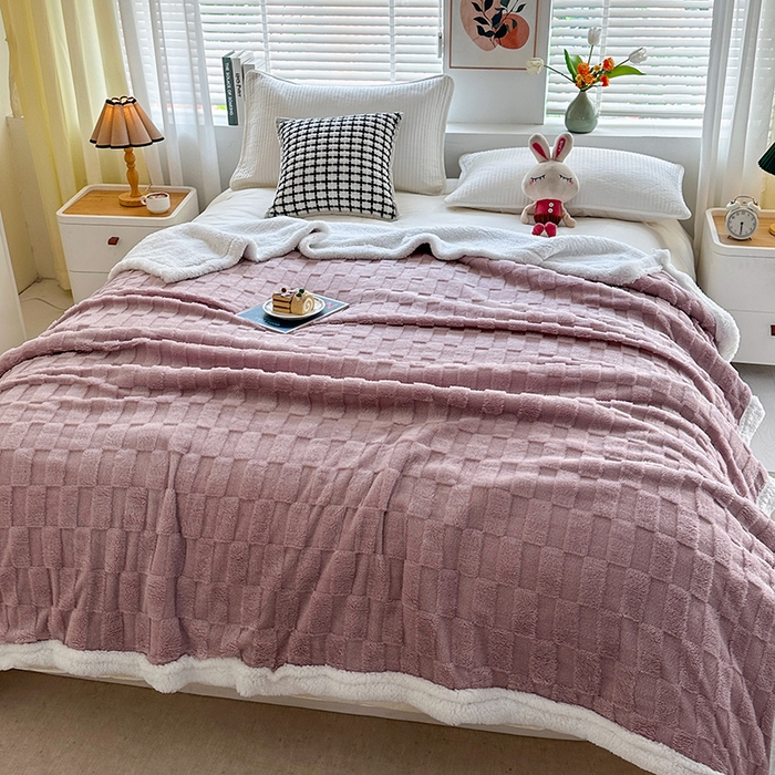 91家纺网 家纺一手货源 找家纺 佳居缘 【双面绒-方格】 2025加厚保暖羊羔绒毛毯双层塔芙绒毯子跨境专供外贸出口定制 方格-紫色