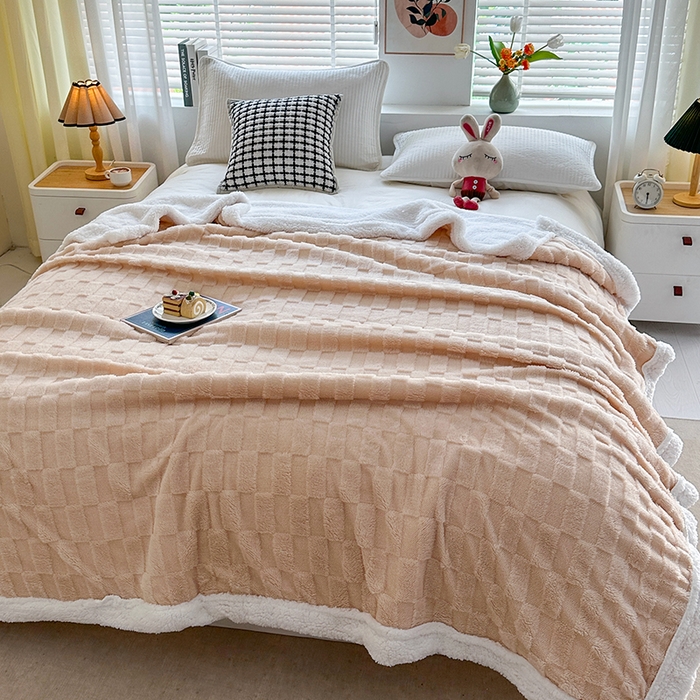 91家纺网 家纺一手货源 找家纺 佳居缘 【双面绒-方格】 2025加厚保暖羊羔绒毛毯双层塔芙绒毯子跨境专供外贸出口定制 方格-奶咖