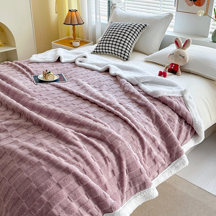 91家纺网 家纺一手货源 找家纺 佳居缘 【双面绒-方格】 2025加厚保暖羊羔绒毛毯双层塔芙绒毯子跨境专供外贸出口定制 方格-紫色