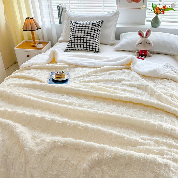 91家纺网 家纺一手货源 找家纺 佳居缘 【双面绒-方格】 2025加厚保暖羊羔绒毛毯双层塔芙绒毯子跨境专供外贸出口定制 方格-米白