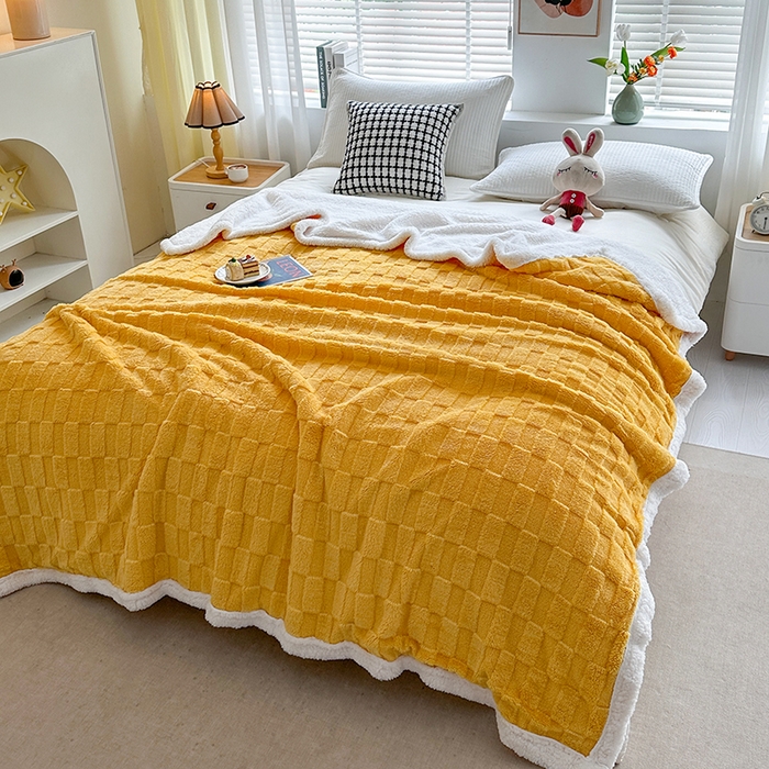 佳居缘 【双面绒-方格】 2025加厚保暖羊羔绒毛毯双层塔芙绒毯子跨境专供外贸出口定制 方格-杏黄