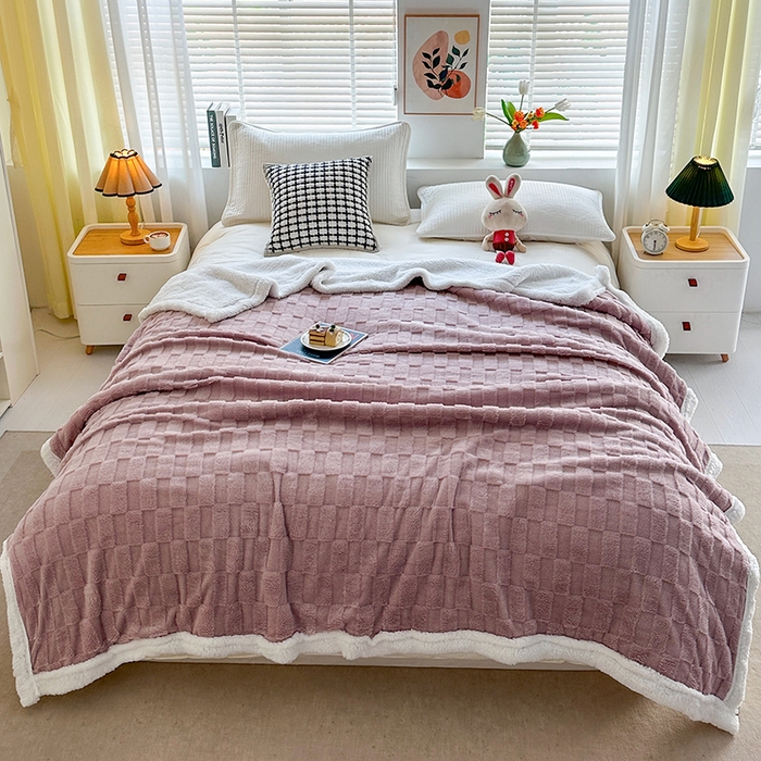 91家纺网 家纺一手货源 找家纺 佳居缘 【双面绒-方格】 2025加厚保暖羊羔绒毛毯双层塔芙绒毯子跨境专供外贸出口定制 方格-紫色