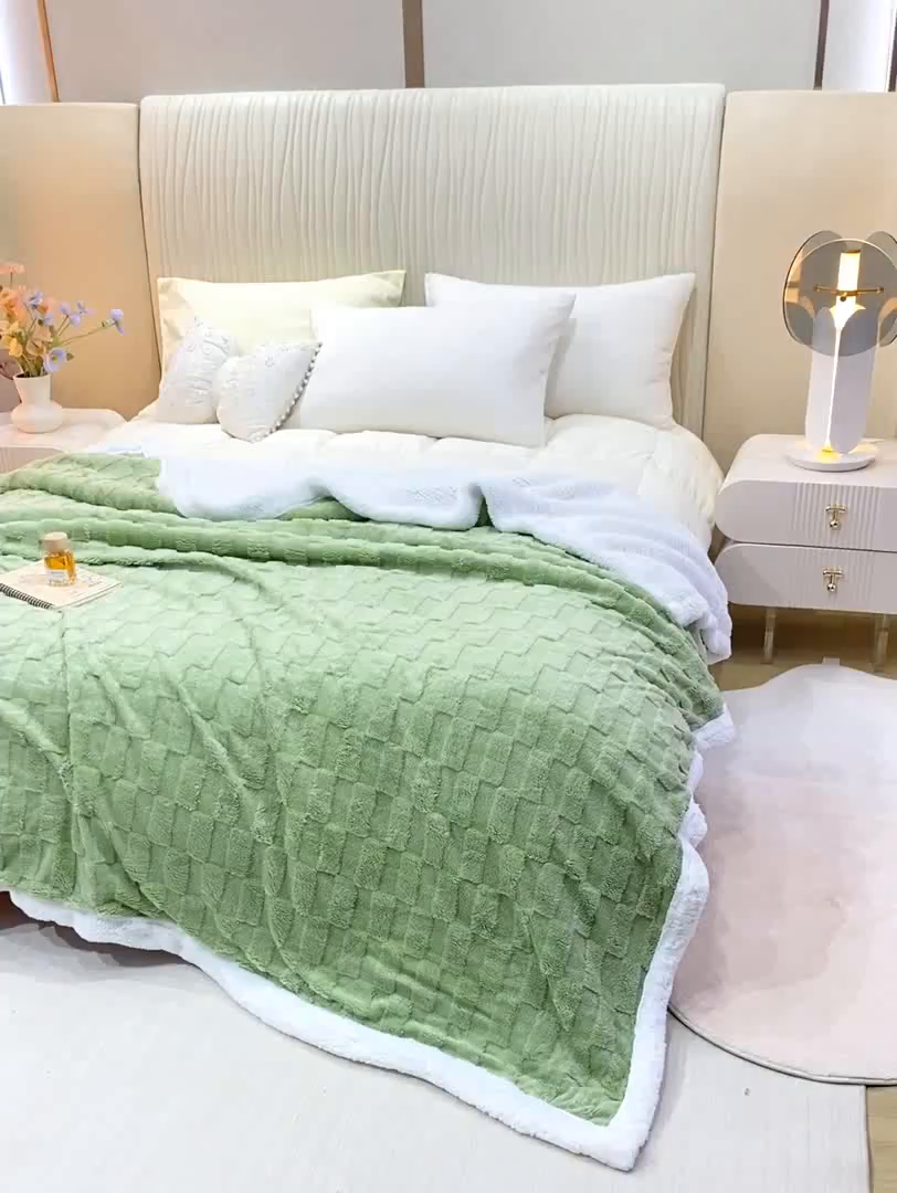 91家纺网 家纺一手货源 找家纺 佳居缘 【双面绒-方格】 2025加厚保暖羊羔绒毛毯双层塔芙绒毯子跨境专供外贸出口定制 方格-绿