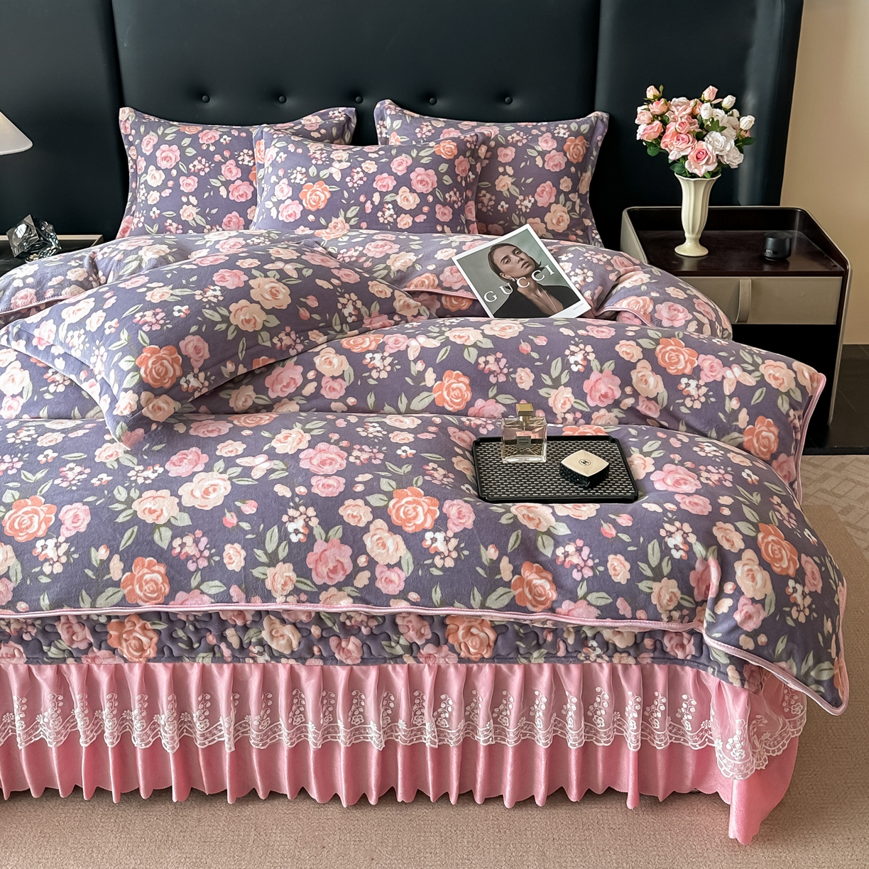 91家纺网 家纺一手货源 找家纺 栩裕纺织 2025新款加厚牛奶绒床盖四件套 紫色物语