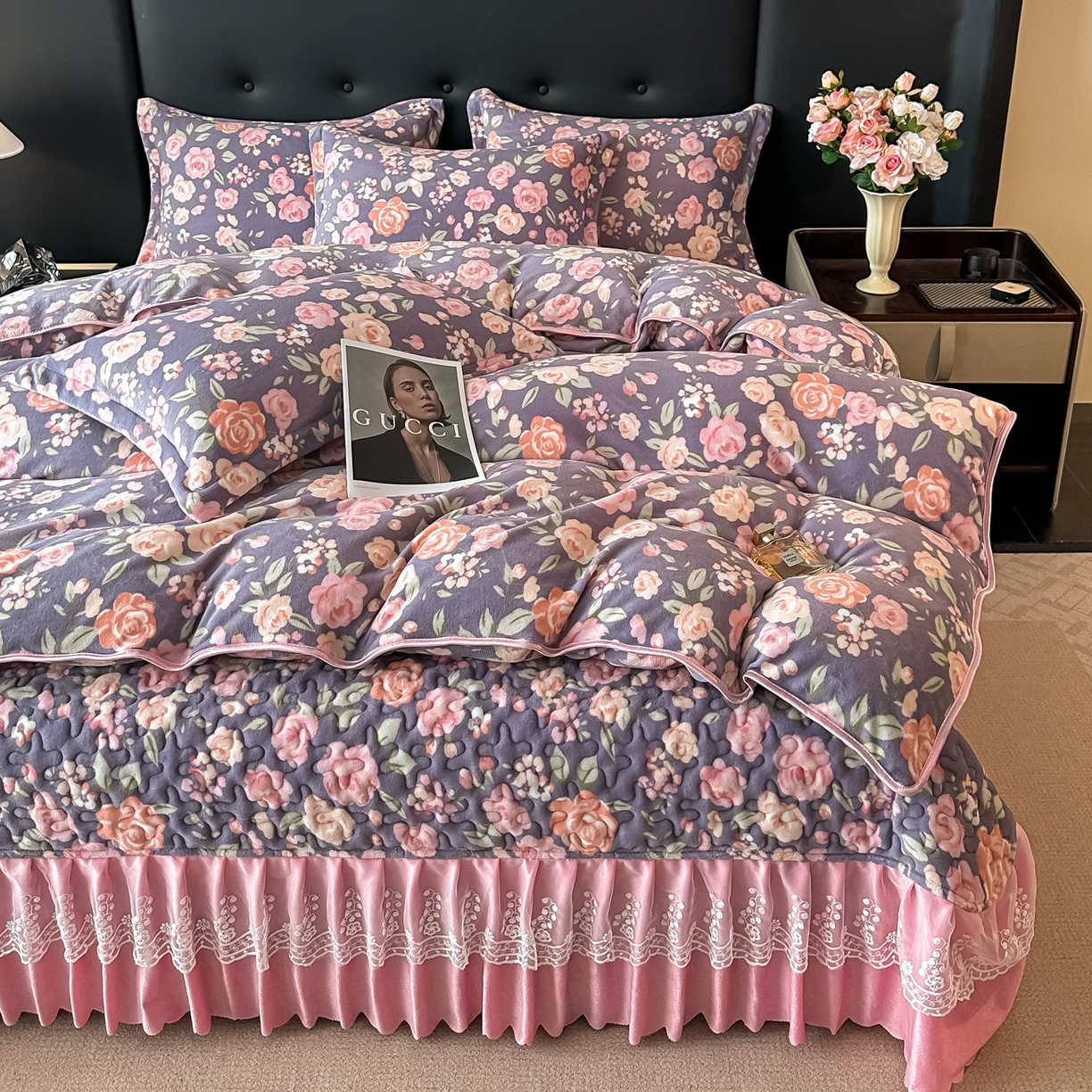 91家纺网 家纺一手货源 找家纺 凤杰家纺 2025新款加厚牛奶绒床盖四件套 紫色物语