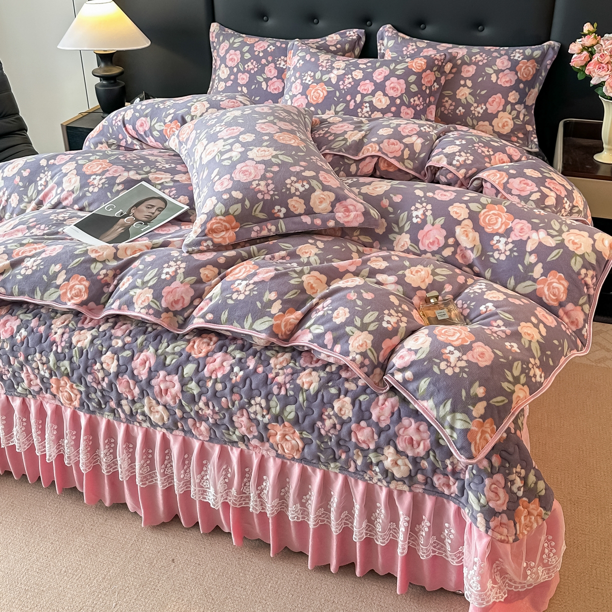 91家纺网 家纺一手货源 找家纺 凤杰家纺 2025新款加厚牛奶绒床盖四件套 紫色物语