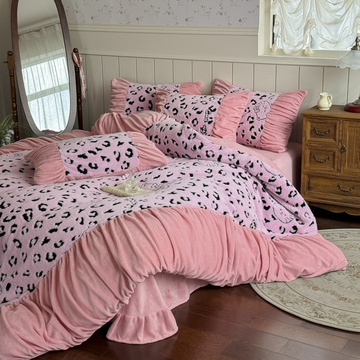 91家纺网 家纺一手货源 找家纺 新印象 2025新款法式阳离子绒保暖床盖四件套 斑豹粉
