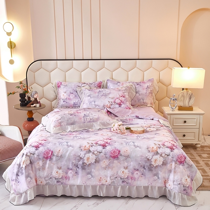 91家纺网 家纺一手货源 找家纺 （总）凤杰家纺 2025新款玉锦缎夏被四件套,梦丽雅香槟金,芳香蓝,茉莉绿,索莱亚灰,花旦绿,梅花蓝,向阳花开蓝,小乔春秋粉,幻影紫