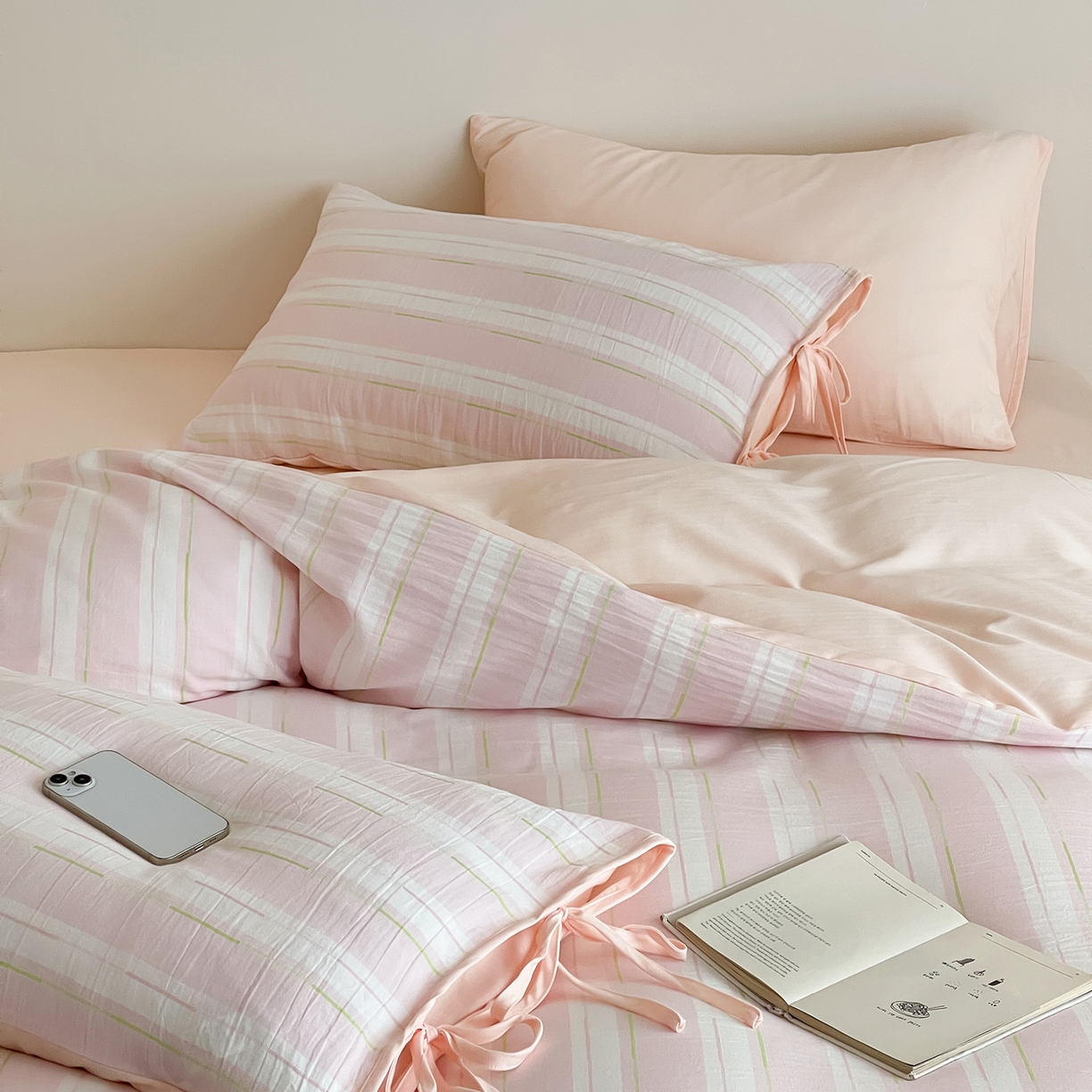 91家纺网 家纺一手货源 找家纺 （总）小春日和 2025新款纯棉提花条纹四件套全棉简约民宿高端床品四件套水洗提花人字纹床单1.8床笠加大床单