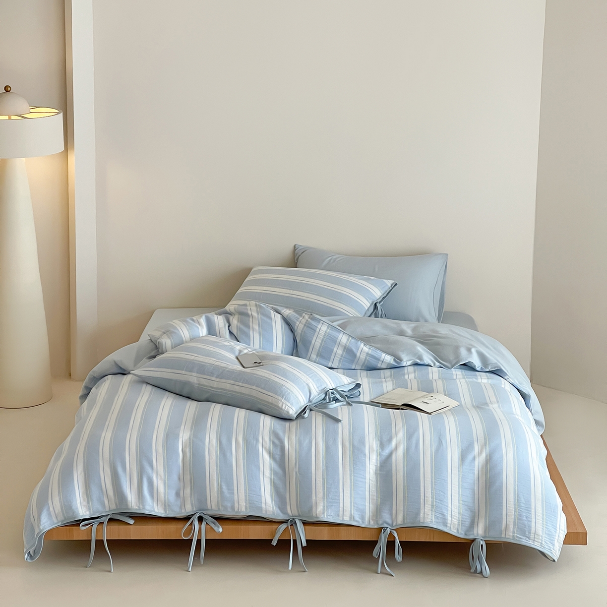 91家纺网 家纺一手货源 找家纺 （总）小春日和 2025新款纯棉提花条纹四件套全棉简约民宿高端床品四件套水洗提花人字纹床单1.8床笠加大床单