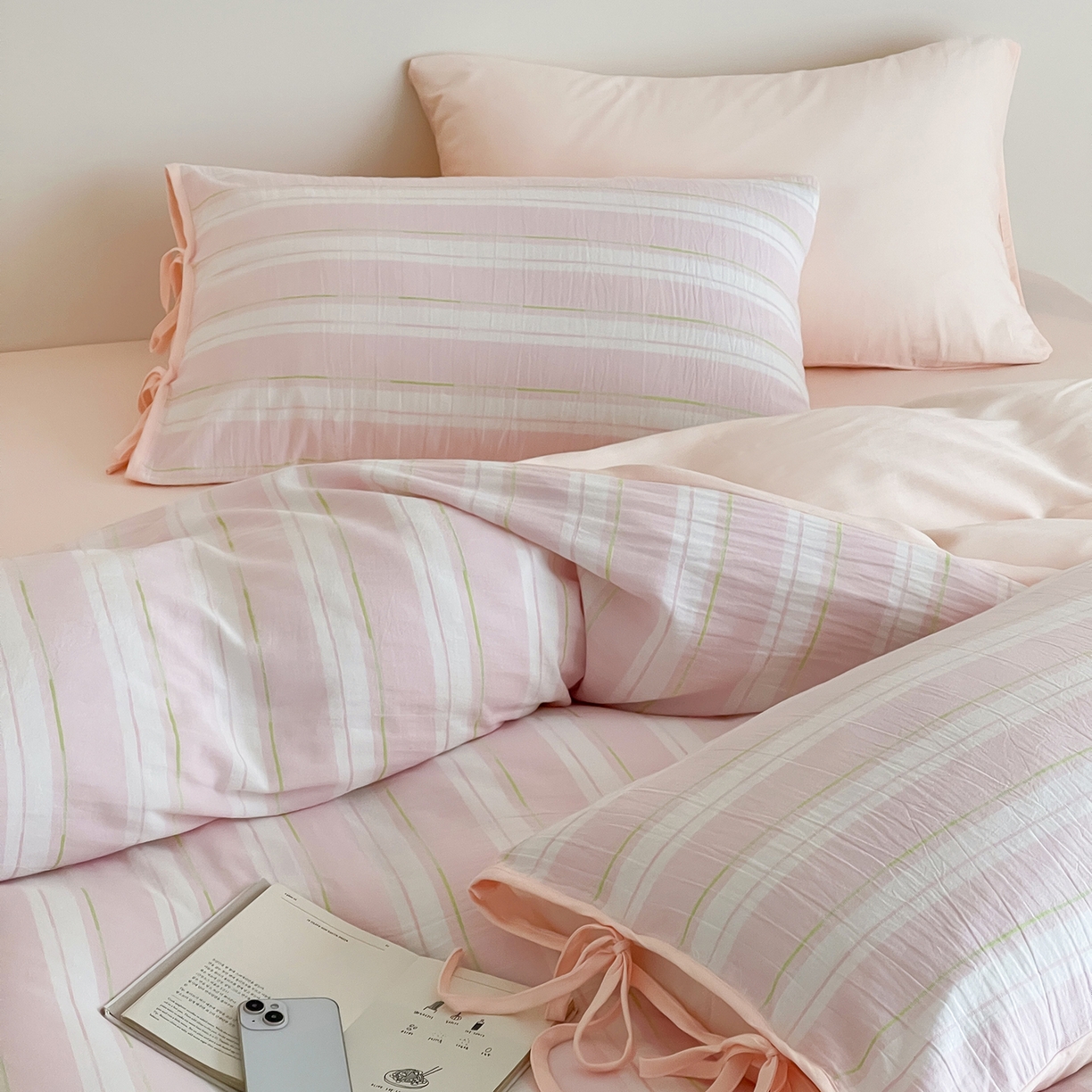 91家纺网 家纺一手货源 找家纺 （总）小春日和 2025新款纯棉提花条纹四件套全棉简约民宿高端床品四件套水洗提花人字纹床单1.8床笠加大床单