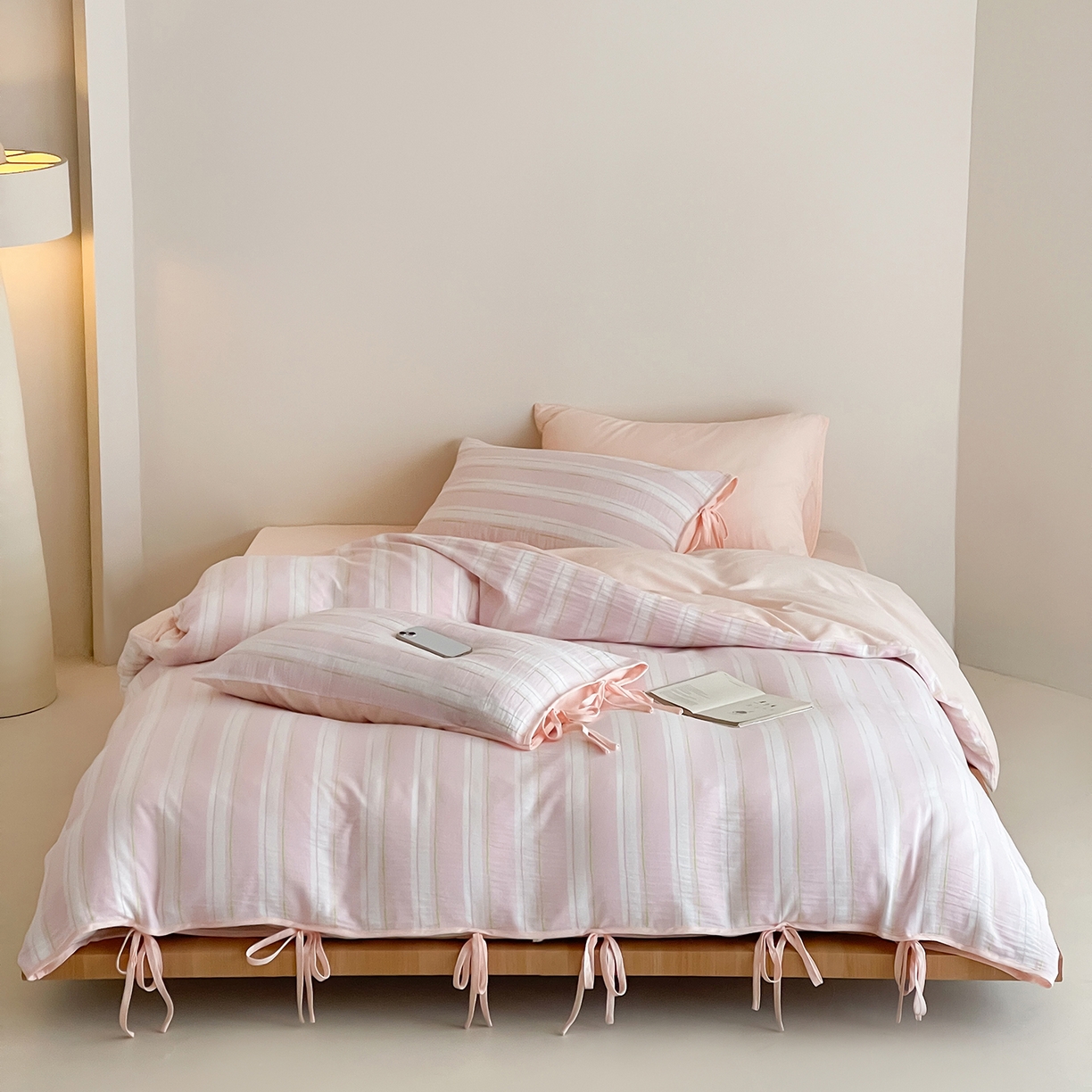 小春日和 2025新款純棉提花條紋四件套全棉簡約民宿高端床品四件套水洗提花人字紋床單1.8床笠加大床單 喜又-粉