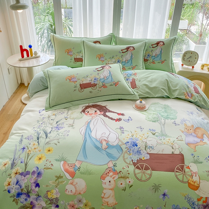 91家纺网 家纺一手货源 找家纺 眷恋家纺 2025秋冬加厚全棉生态磨毛卡通三件套四件套 春日寻梦-绿