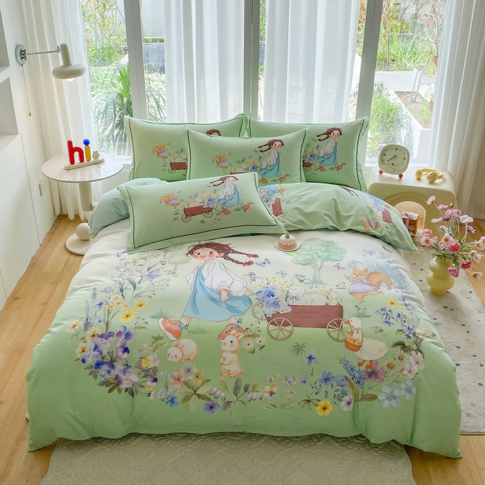 眷恋家纺 2025秋冬加厚全棉生态磨毛卡通三件套四件套 春日寻梦-绿