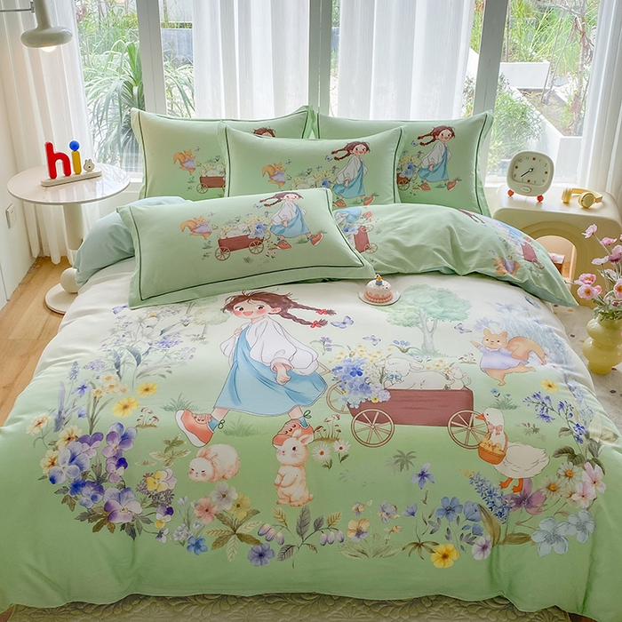 91家纺网 家纺一手货源 找家纺 眷恋家纺 2025秋冬加厚全棉生态磨毛卡通三件套四件套 春日寻梦-绿