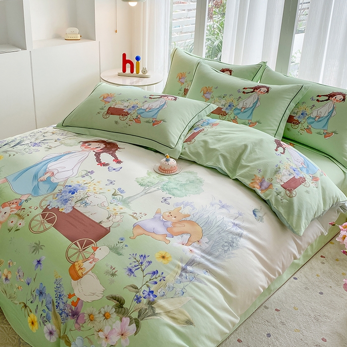 91家纺网 家纺一手货源 找家纺 眷恋家纺 2025秋冬加厚全棉生态磨毛卡通三件套四件套 春日寻梦-绿