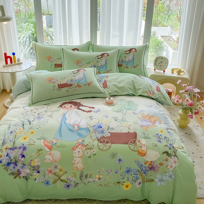 91家纺网 家纺一手货源 找家纺 眷恋家纺 2025秋冬加厚全棉生态磨毛卡通三件套四件套 春日寻梦-绿