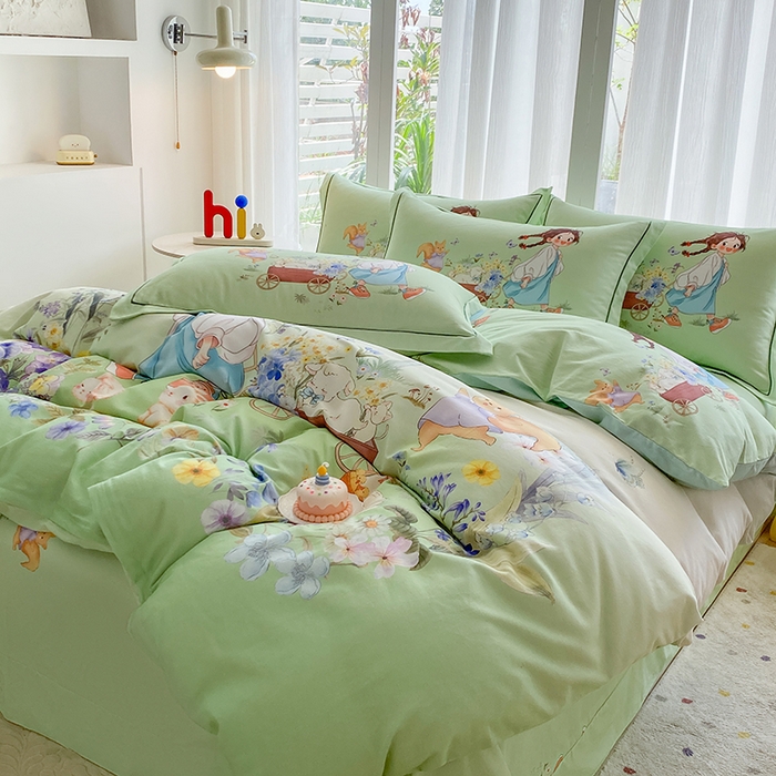 91家纺网 家纺一手货源 找家纺 眷恋家纺 2025秋冬加厚全棉生态磨毛卡通三件套四件套 春日寻梦-绿