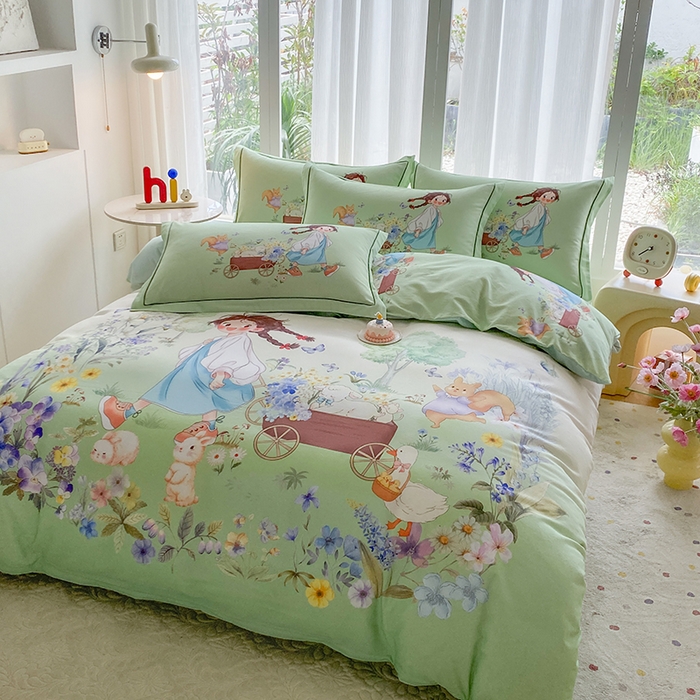 91家纺网 家纺一手货源 找家纺 眷恋家纺 2025秋冬加厚全棉生态磨毛卡通三件套四件套 春日寻梦-绿