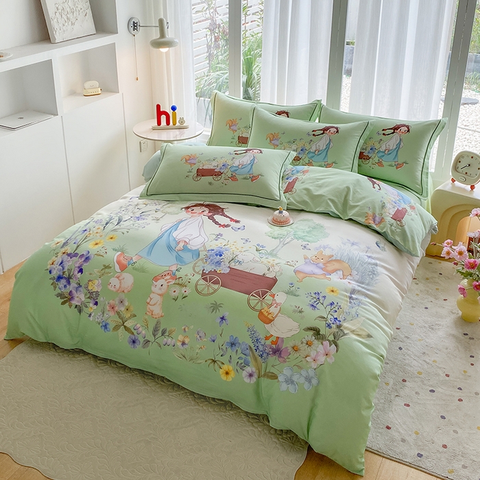 91家纺网 家纺一手货源 找家纺 眷恋家纺 2025秋冬加厚全棉生态磨毛卡通三件套四件套 春日寻梦-绿