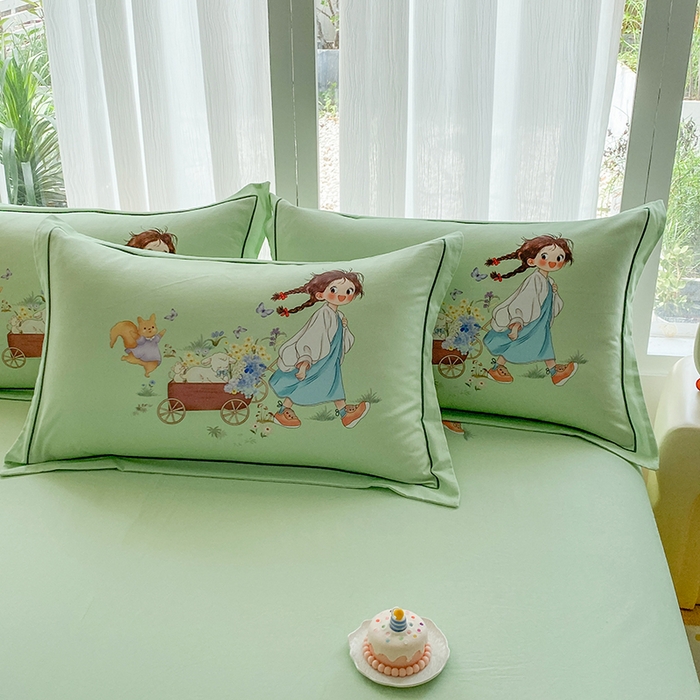 91家纺网 家纺一手货源 找家纺 眷恋家纺 2025秋冬加厚全棉生态磨毛卡通三件套四件套 春日寻梦-绿