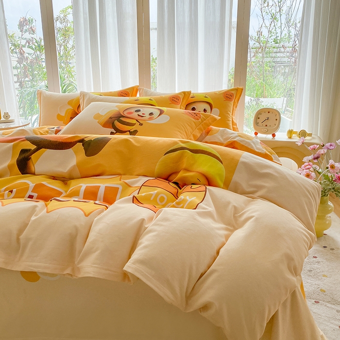 91家纺网 家纺一手货源 找家纺 眷恋家纺 2025秋冬加厚全棉生态磨毛卡通三件套四件套 萌萌哒-黄