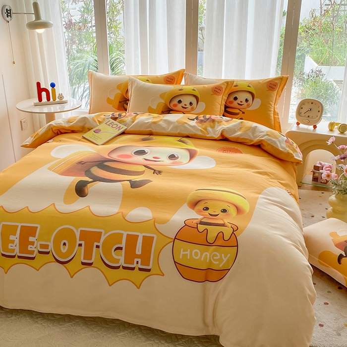 91家纺网 家纺一手货源 找家纺 眷恋家纺 2025秋冬加厚全棉生态磨毛卡通三件套四件套 萌萌哒-黄