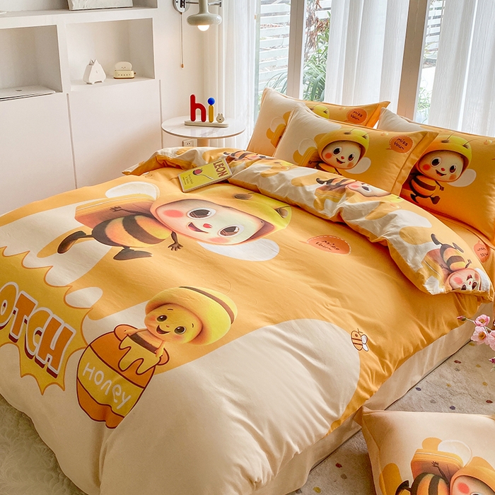 91家纺网 家纺一手货源 找家纺 眷恋家纺 2025秋冬加厚全棉生态磨毛卡通三件套四件套 萌萌哒-黄