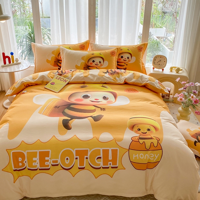 91家纺网 家纺一手货源 找家纺 眷恋家纺 2025秋冬加厚全棉生态磨毛卡通三件套四件套 萌萌哒-黄