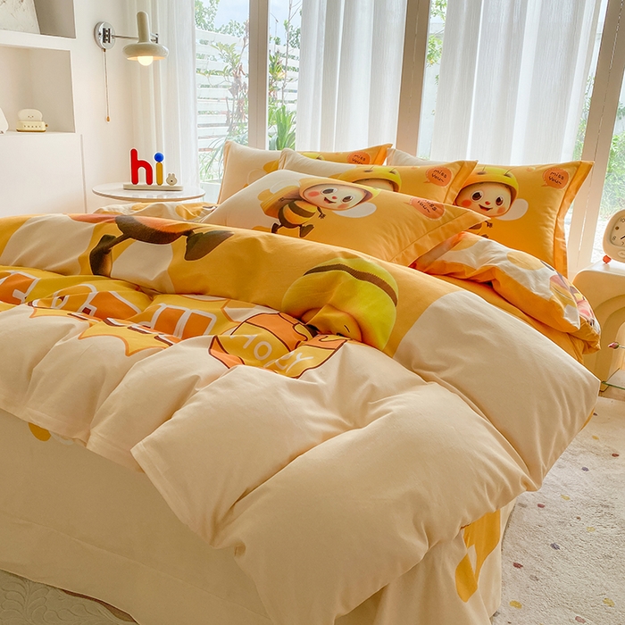 91家纺网 家纺一手货源 找家纺 眷恋家纺 2025秋冬加厚全棉生态磨毛卡通三件套四件套 萌萌哒-黄