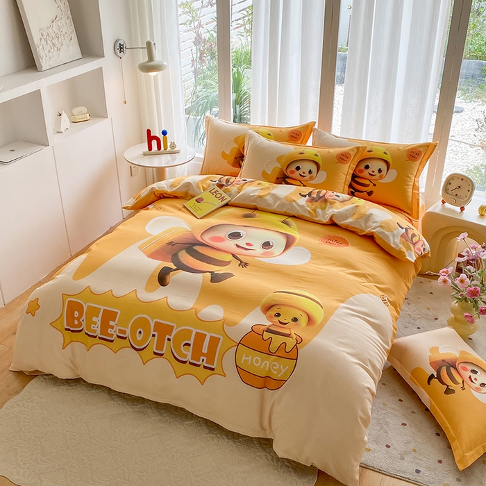 91家纺网 家纺一手货源 找家纺 眷恋家纺 2025秋冬加厚全棉生态磨毛卡通三件套四件套 萌萌哒-黄