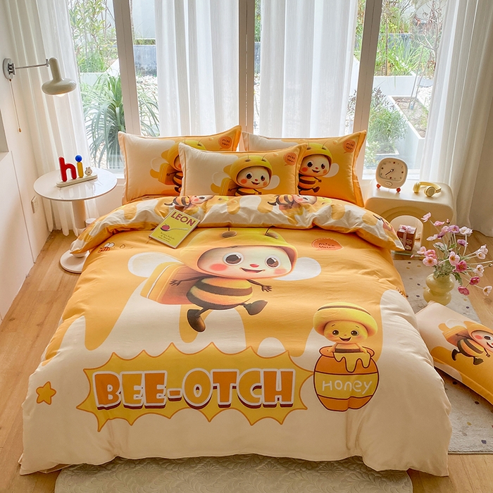 眷恋家纺 2025秋冬加厚全棉生态磨毛卡通三件套四件套 萌萌哒-黄