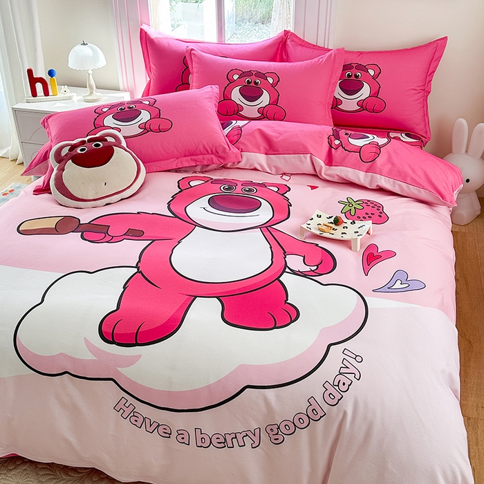 91家纺网 家纺一手货源 找家纺 眷恋家纺 2025秋冬加厚全棉生态磨毛卡通三件套四件套 糖心草莓