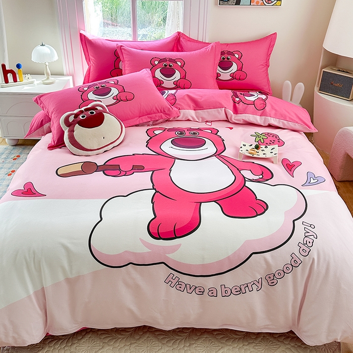 91家纺网 家纺一手货源 找家纺 眷恋家纺 2025秋冬加厚全棉生态磨毛卡通三件套四件套 糖心草莓