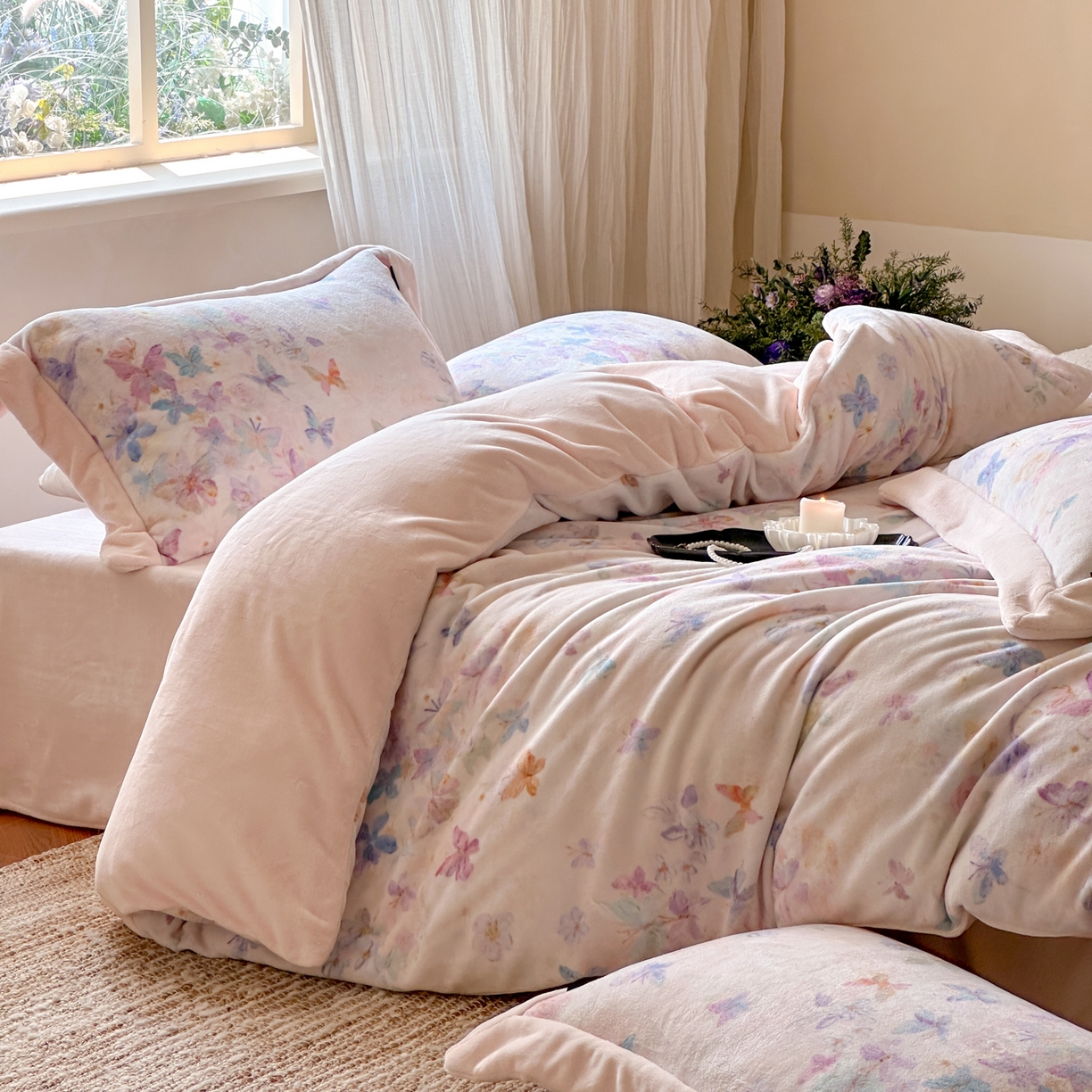 91家纺网 家纺一手货源 找家纺 （总）云栖家居 2025秋冬新款加厚立体消光牛奶绒四件套-迷蝶