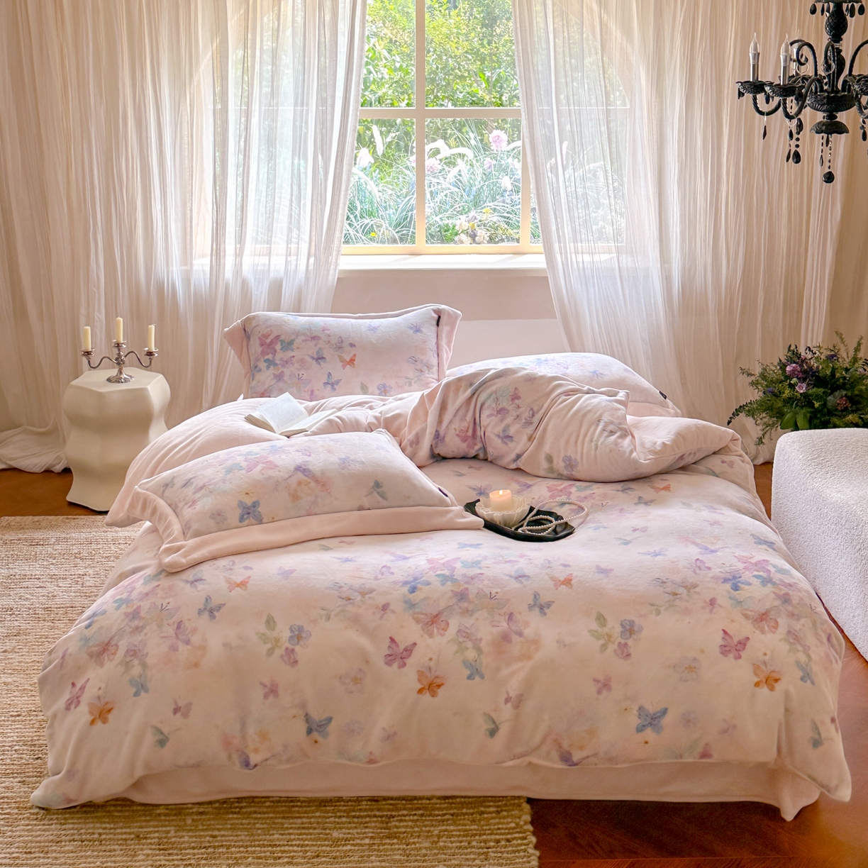 91家纺网 家纺一手货源 找家纺 （总）云栖家居 2025秋冬新款加厚立体消光牛奶绒四件套-迷蝶