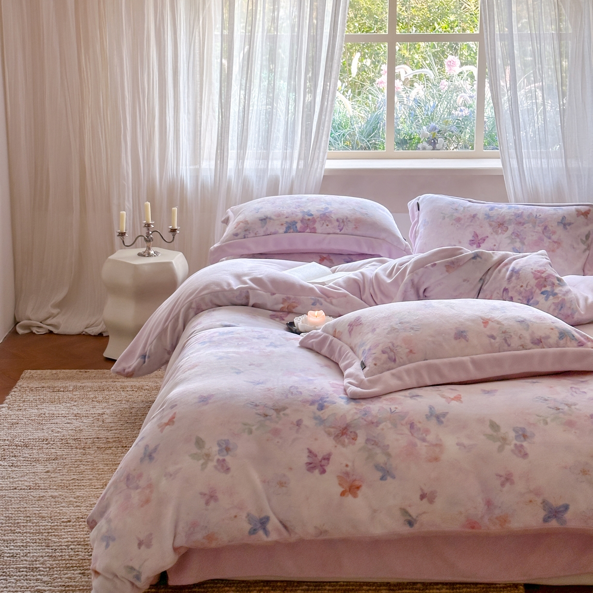 91家纺网 家纺一手货源 找家纺 云栖家居 2025秋冬新款加厚立体消光牛奶绒四件套-迷蝶 迷蝶-紫