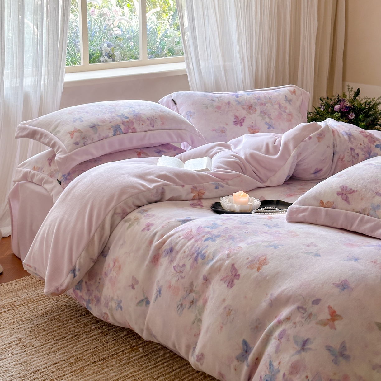 91家纺网 家纺一手货源 找家纺 云栖家居 2025秋冬新款加厚立体消光牛奶绒四件套-迷蝶 迷蝶-紫