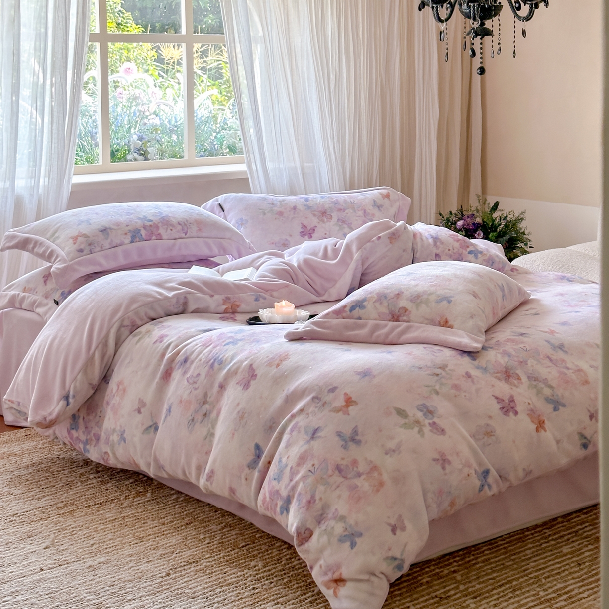 91家纺网 家纺一手货源 找家纺 云栖家居 2025秋冬新款加厚立体消光牛奶绒四件套-迷蝶 迷蝶-紫