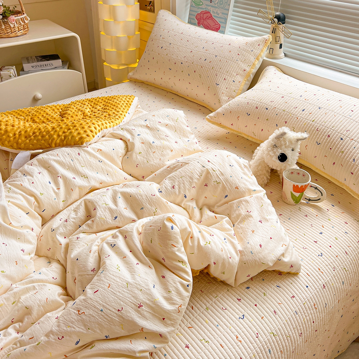 91家纺网 家纺一手货源 找家纺 （总）暖芯优选 2025新款木棉双层纱ins少女心可爱系加厚豆豆冬被四件套床盖三件套暖梦系列（小红书推荐）